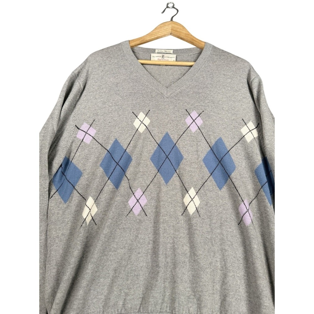 Fairway & Greene Mens‎ Large Gray Argyle Italian Merino Wool Golf V-Neck Sweater